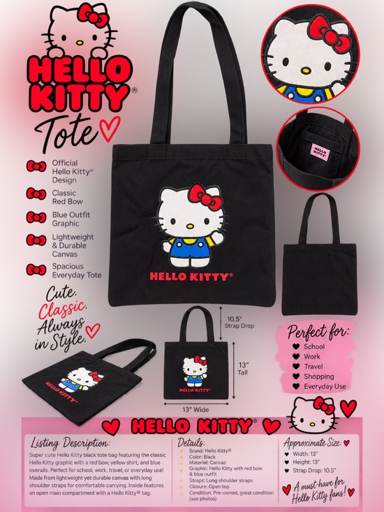 Hello Kitty Handbags - Hello Kitty Sanrio Black Canvas Tote Bag Red Bow Blue Outfit Y2K Kawaii